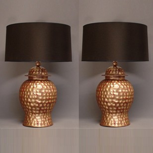 Pair of hammered vintage tole temple jar lamps.
